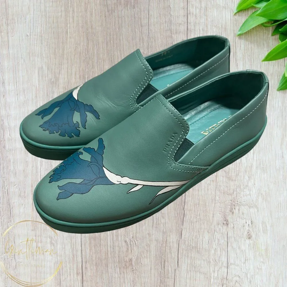 PRADA Sneakers Womans Leather Slip On EU SIZE 38.5 Blue/White/Green NWOT